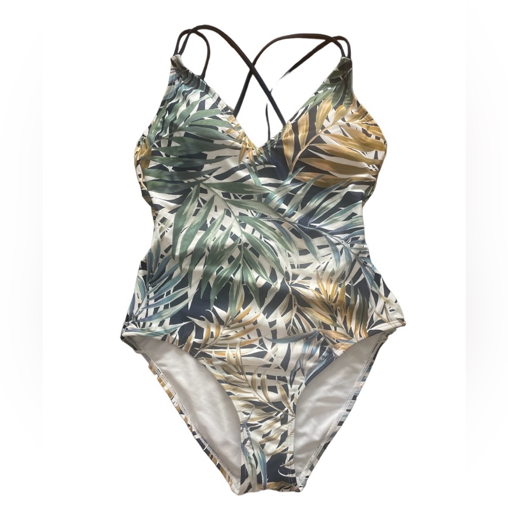 Hurley Tropical Leaf Print One-Piece Swimsuit in Green, Navy, and Gold